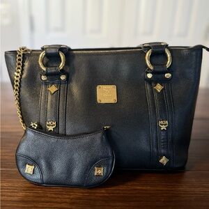 MCM Black Leather Munchen studded satchel